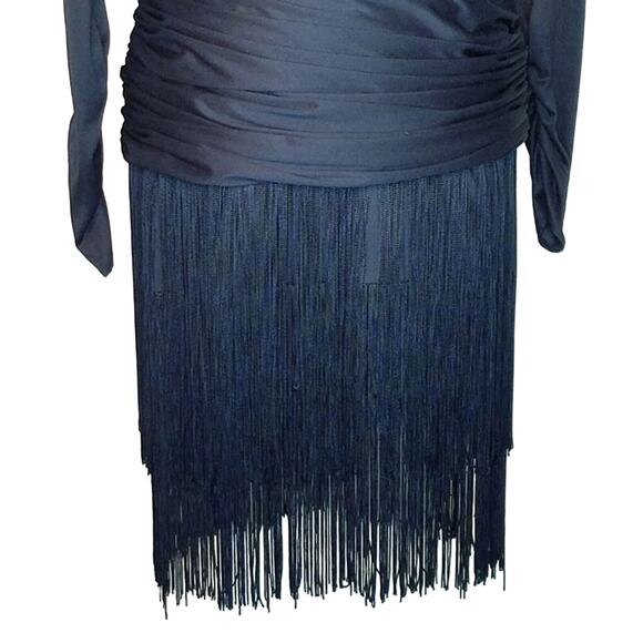 Vintage 80's Tadashi Fringe Rouched Surplice Cocktail Flapper style Dress Size 8 - Picture 4 of 12
